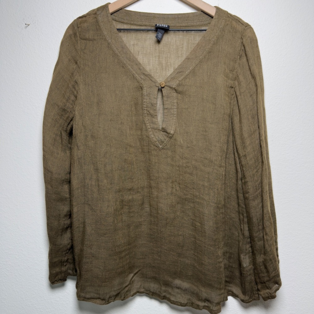 Eileen Fisher Women 100% Linen Blouse Large Olive Green V-Neck Tunic Top Lagen